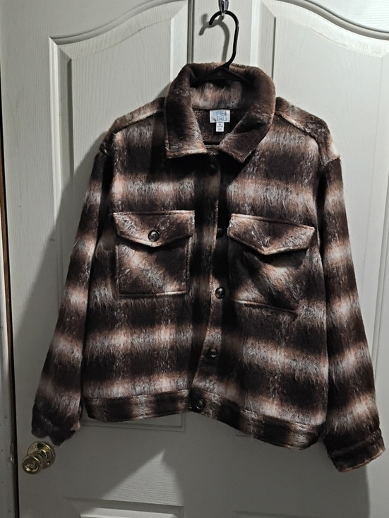 Time and Tru Jackets & Blazers - Time and Tru Brown Plaid Brushed Shacket